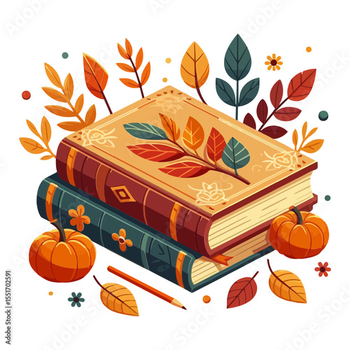 A stack of two books adorned with autumn leaves, surrounded by pumpkins and a pencil. Ideal for educational blogs, book-related content, fall themes, or literary websites.


