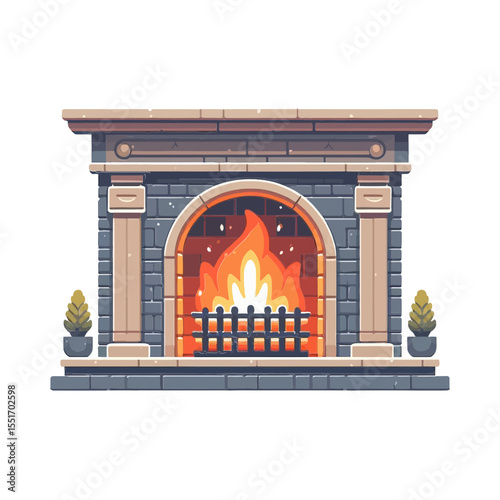 A classic fireplace with a roaring fire, flanked by two small potted plants. This image is perfect for home decor blogs, interior design websites, seasonal content, or cozy living themes.

