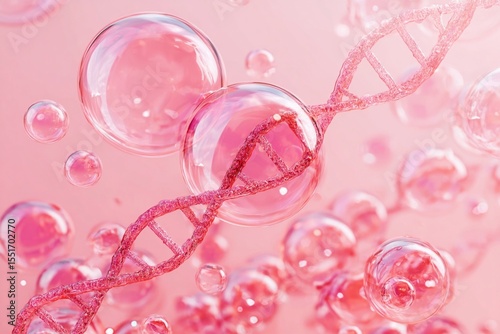 Filming a pink background and DNA spiral structure and water droplets. Generative AI
