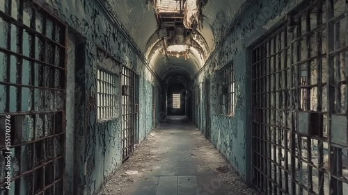 Abandoned prison corridor with peeling paint and barred windows