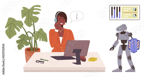 Customer service agent wearing headset at desk, communicating with AI robot. Desk items, computer, and plant visible. Ideal for technology, AI, teamwork, communication customer support automation