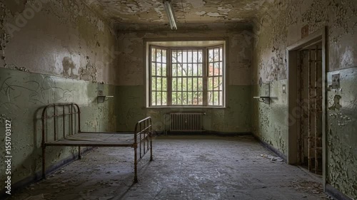 Abandoned room with peeling paint and a lone bed under a window