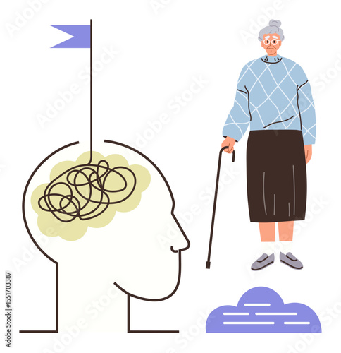Elderly woman holding cane next to simplified brain outline representing mental health and aging challenges. Ideal for memory loss, cognitive health, neurology, aging awareness, dementia education