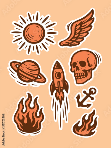 Colorful cartoon line art stickers set sun wing planet rocket skull fire
