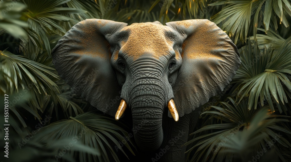 Obraz premium An elephant stands proudly amidst dense foliage, blending into its enchanting jungle surroundings with vibrant greenery