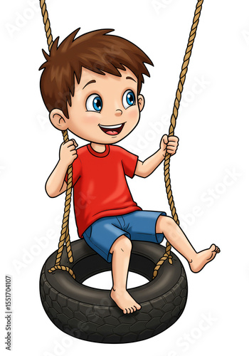 Illustration of Boy Swinging on Tire Swing with Transparent Background