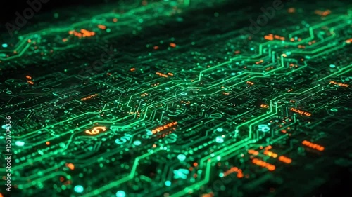 Abstract green circuit board design with glowing elements and patterns