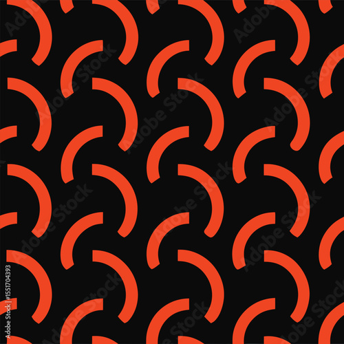 Modern geometric pattern repeating orange arcs on black background seamless design