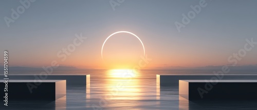 A serene sunset over calm water with a glowing circular light on the horizon, framed symmetrically by two modern platforms.
