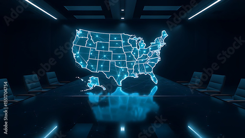 The National Strategy Table: A holographic map of the USA, woven from data streams, floats above a boardroom table, visualizing nationwide corporate reach and technological command.
