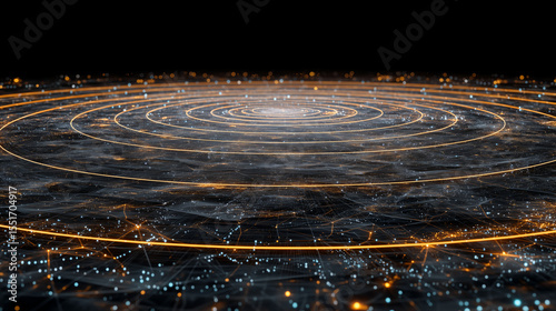 Futuristic Digital Network with Circular Waves and Glowing Nodes