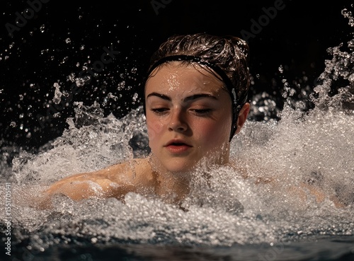 Young female swimmer emerging from water, splashing. photo