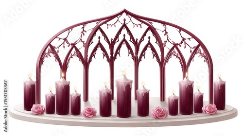 Gothic-style candle holder with nine lit purple candles and pink roses arranged on a white circular base.