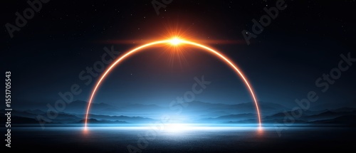 A bright, glowing arc resembling a sunrise or energy ring illuminates a misty landscape with distant mountains under a starry night sky.