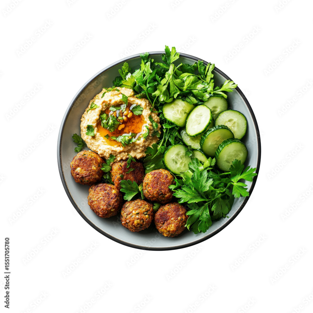 Delicious Falafel Bowl with Hummus, Cucumber Salad, and Fresh Parsley Delicious Falafel Bowl with Hummus, Cucumber Salad, and Fresh Parsley