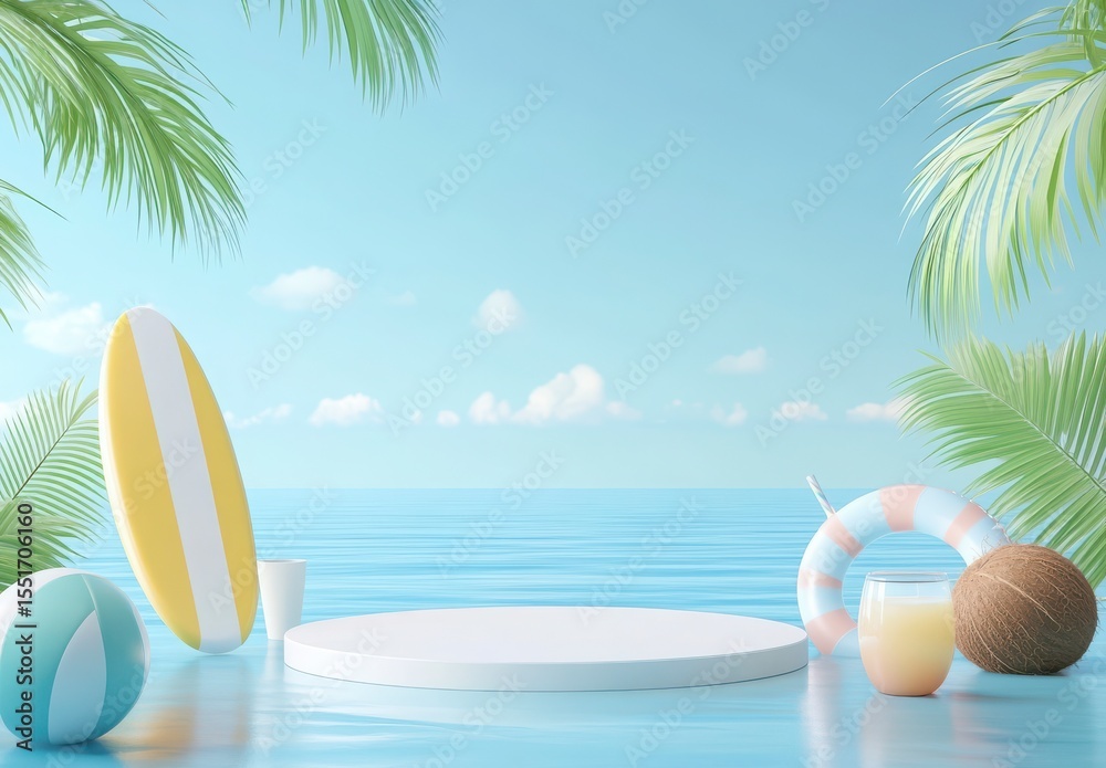 Fototapeta premium Summer Beach Scene With White Product Display Platform