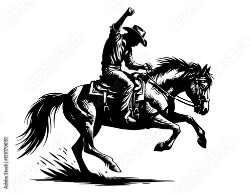 Rodeo cowboy riding bucking horse in dynamic black and white illustration