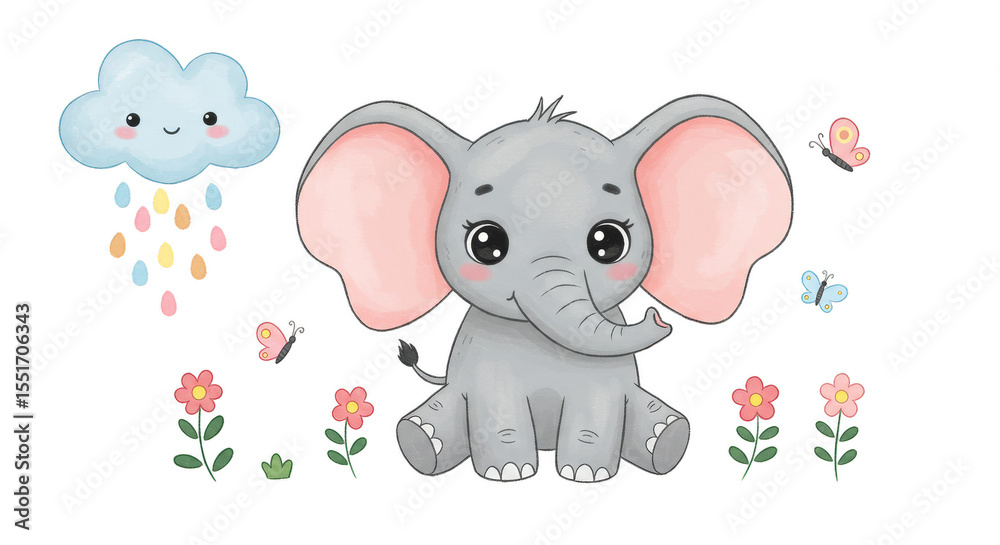 Fototapeta premium Illustration of Cute Elephant with Cloud and Flowers on Transparent