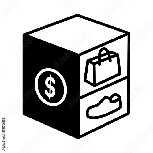 Isometric cube featuring money, shopping bag, and shoe icons on its visible sides, symbolizing concepts of retail transactions, online shopping, consumer lifestyle, and economic exchange. 
