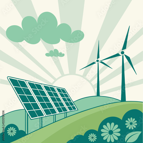 Green Energy Vector Illustration — Eco Concept with Solar and Wind Power