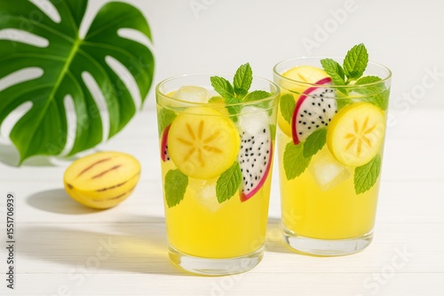 Refreshing glass of lemonade with floating slices of pepino melon, dragon fruit, monstera deliciosa, mint leaves, and ice cubes.