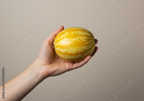 single pepino melon being held gently in a human palm. hand is relaxed, shown from above, on soft gray background