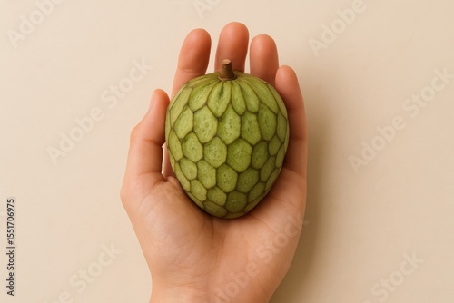 human hand holding a whole cherimoya ( anona ) fruit gently, shown from above