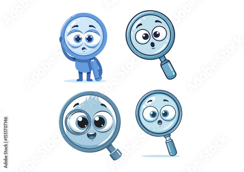 Magnifying glass character with oversized eyes looking through itself, symbolizing curiosity and discovery