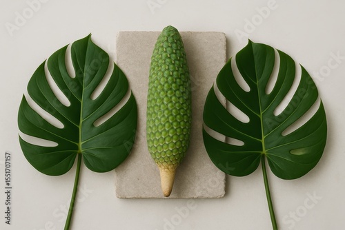 Monstera deliciosa fruit placed on a flat stone slab, with two large Monstera leaves. also known as: Swiss cheese fruit, Ceriman, Fruit salad plant, Mexican breadfruit, banana-pineapple fruit