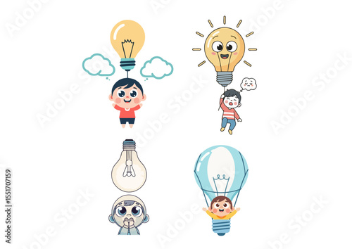 Lightbulb balloon lifting a dreaming child character, symbolizing creativity and imagination
