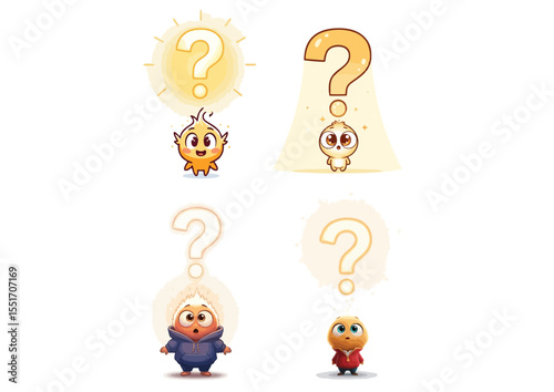 Glowing question mark above a small spark character with wide eyes, symbolizing curiosity and wonder