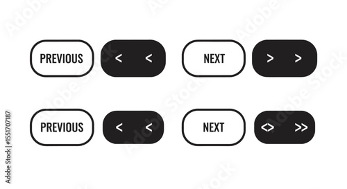 Set of black and white 'Previous' and 'Next' navigation buttons with arrow icons, essential user interface elements for web design, intuitive directional controls, modern digital interface components.