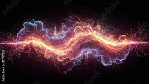 Abstract wave of vibrant colors and light against a dark background