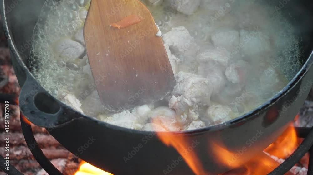 Cooking Pot Fire Stirring boiling food outdoors in a cast iron pot over flames