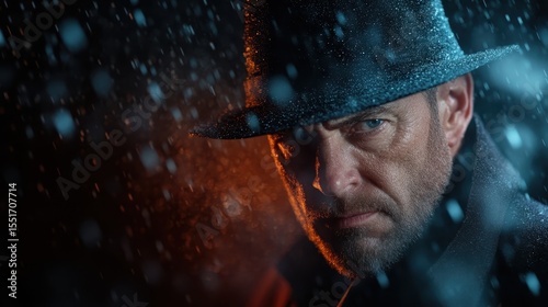 A brooding man wearing a fedora stands under falling rain, conveying a sense of mystery and intrigue in a dramatic, cinematic setting highlighted by vibrant lights.