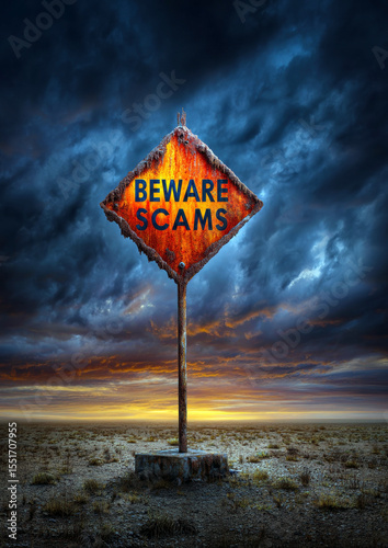 A weathered sign warns travelers to beware of scams, set against a dramatic sky.