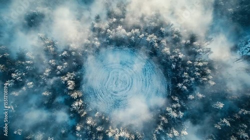 Aerial view of a circular snow-covered clearing surrounded by trees