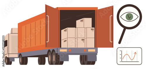 Cargo truck loaded with cardboard boxes, magnifying glass with a checkmark, and analytics dashboard. Ideal for supply chain, logistics, inventory, delivery, shipping analytics transport. Simple