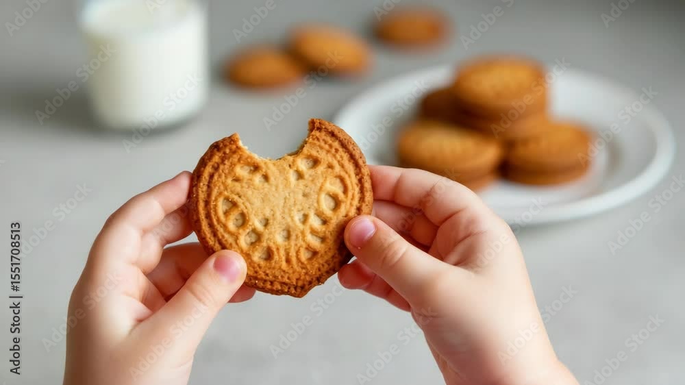 Child holding bitten biscuit, other biscuits and milk in background