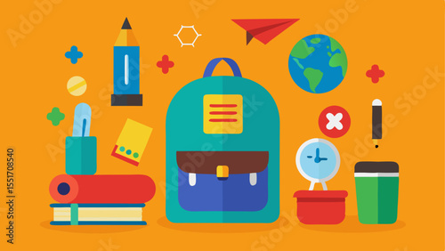 Bright flat illustration of backpack surrounded by school supplies, books, globe, clock, pencil and paper plane on orange background