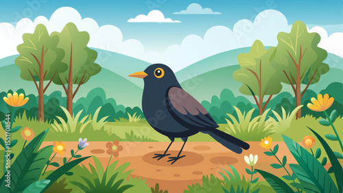 Cartoon black bird with orange beak standing on a forest path surrounded by flowers, grass, trees and hills under a blue sky