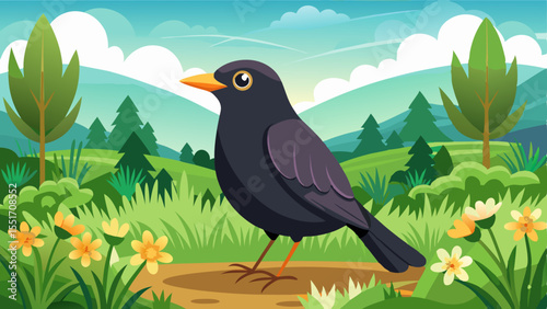 Cartoon illustration of a black bird with orange beak standing on a forest path surrounded by trees, flowers and green hills