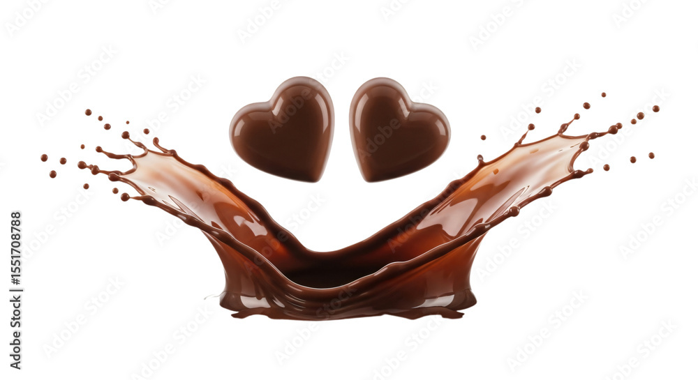 Obraz premium Romantic chocolate hearts splashing, perfect for Valentine's Day, anniversaries, dessert promotions, candy packaging, or love-themed culinary content, isolated on white & transparent background.
