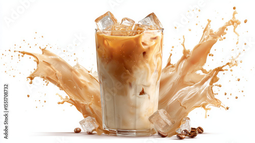 Iced Coffee Refreshment: A refreshing glass of iced coffee, the creamy swirls of the coffee cascading as ice cubes cascade and cool it, perfect for a hot day and delivering a moment of pure enjoyment.