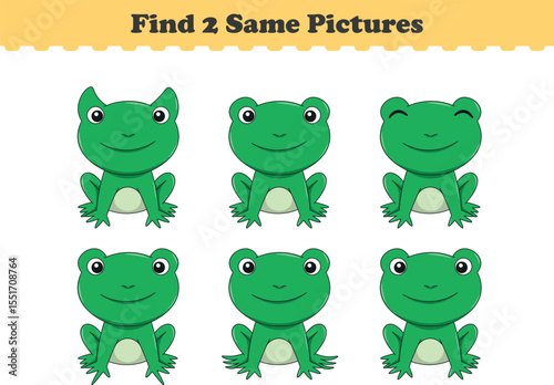 Funny cartoon frog. Find two same pictures. Educational game for children. Cartoon vector illustration