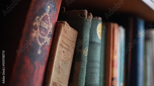 Opened book and stacks of old books on wooden desk in old library. Ancient books historical background. Retro style. Translation of book titles - history of England, ancient history