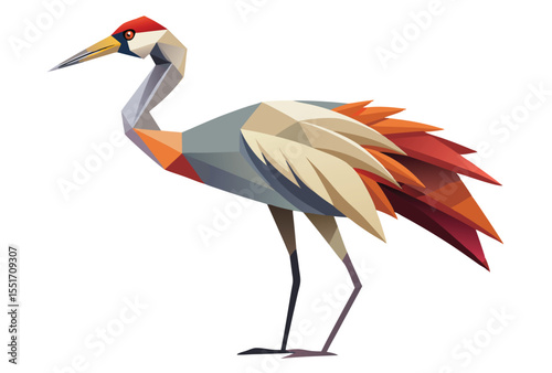 Crane Bird Low Poly Vector Clipart, Geometric Polygonal Crane Bird Icon Illustration