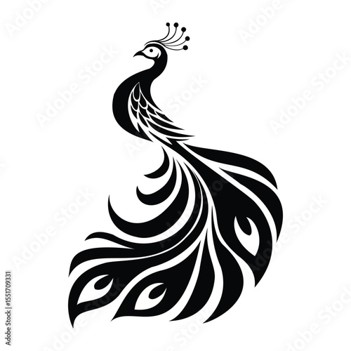  A graceful black silhouette of a peacock with an elaborate, flowing tail. This stylish and artistic design captures the bird's beauty and elegance.