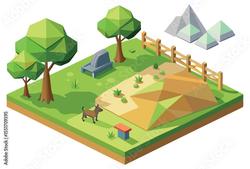 Dog Park Low Poly Vector Clipart, Geometric Natural Park Polygonal Icon Illustration