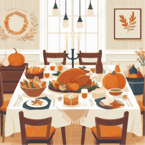 Thanksgiving dinner table flat vector